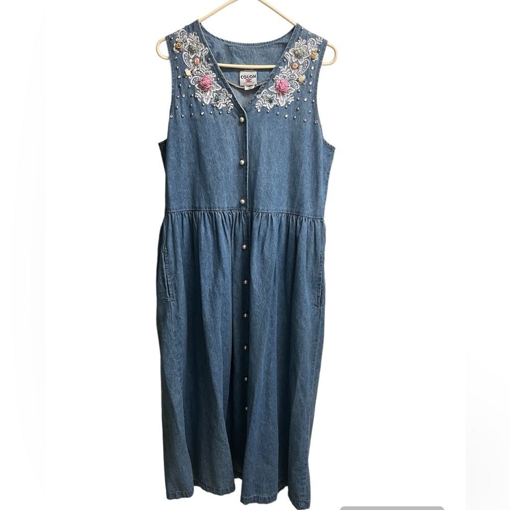VTG 80s 90s Floral Western Denim Chambray Pearl Button-down Maxi Dress SZ L